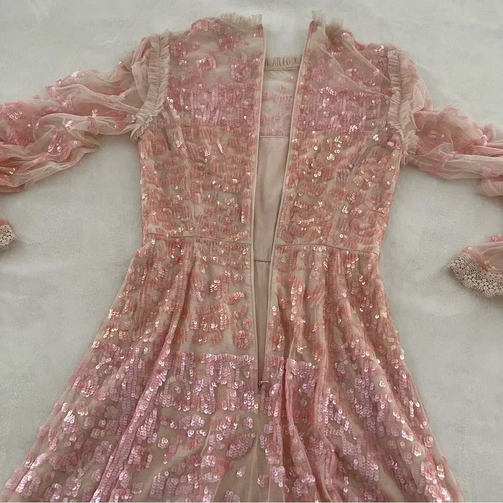 BHLDN Needle & Thread Pink Sequin Long Sleeve Dress, Size 0 NWOT